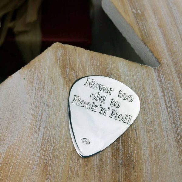 Rock 'n' Roll Silver Custom Guitar Pick In Sterling Silver Personalised With Engraved Message. Handmade & Hallmarked Gift For Guitarist & Guitar Players