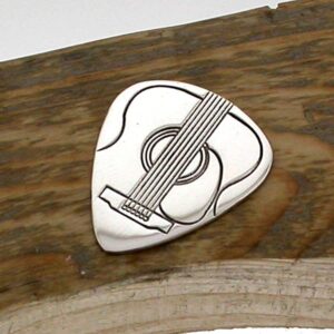 Custom Acoustic Guitar Pick In Sterling Silver Personalised With Engraved Message. Handmade & Hallmarked Acoustic Guitar Gift For Guitar Players.