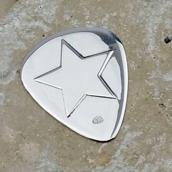 Silver Star Custom Plectrum Guitar Pick In Sterling Silver Personalised With Engraved Message. Handmade & Hallmarked Guitar Gift For Guitar Players.