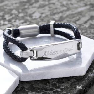 Explorer Black Leather Bracelet - Personalised Leather Bracelet For Men. Engraved Message Personalised Free. Handmade leather bangle personalised gift for men.
