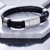 Personalised Jet Black Leather Bracelet - Personalised Mens Leather Bracelet. Engraved Message Personalised Free. Handmade leather bangle gift for men.
