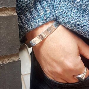 Personalised Mens Silver Bangle Hand Hammered in Hallmarked Sterling Silver. Mens Silver Bangle with Secret Personalised Engraving & Gift Wrapping.