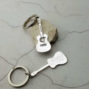 Acoustic Guitar Personalised Silver Keyring. Personalised Keyring With Engraved Message. Handmade & Hallmarked Acoustic Guitar Gift For Guitar Players.