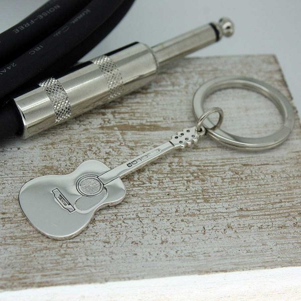 Acoustic Guitar Personalised Silver Keyring. Personalised Keyring With Engraved Message. Handmade & Hallmarked Acoustic Guitar Gift For Guitar Players.