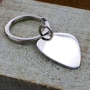 Guitar Pick Personalised Silver Keyring. Personalised Keyring With Engraved Message. Handmade & Hallmarked Guitar Plectrum Gift For Guitar Players.
