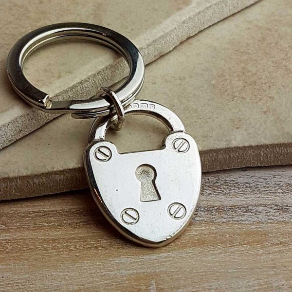 Heart Padlock Personalised Silver Keyring. Personalised Heart Padlock Keyring With Engraved Message. Handmade & Hallmarked Love Token Keyring Gift.
