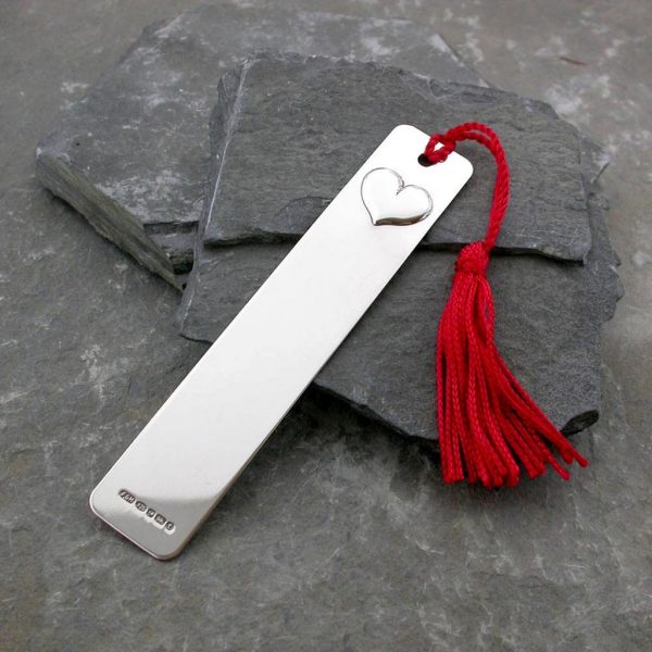Heart Personalised Silver Bookmark with red tassel. Handmade, hallmarked, sterling silver personalised bookmark. Can be personalised with engraved message.