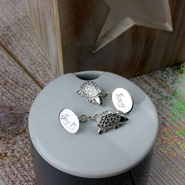 Hedgehog Cufflinks Personalised In Silver. Hedgehog Personalised Silver Cufflinks, Hand Made & Hand Engraved in Hallmarked Sterling Silver by our Cufflink Team