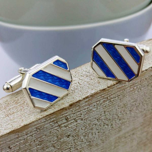 Nautical Cufflinks - Nautical Stripe Silver Cufflinks with Nautical Blue and White enamel detail. Hallmarked Sterling Silver in Cufflink Box. Optional gift wrap.