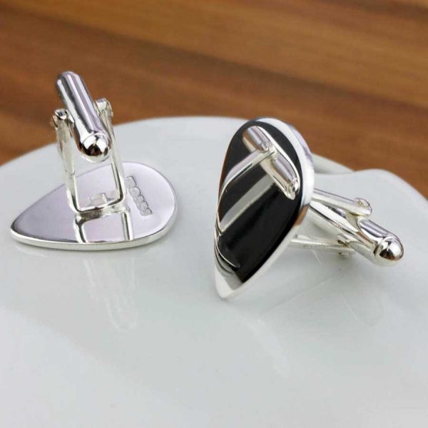 Personalised Guitar Pick Silver Cufflinks For Guitar Players. Handmade & Hallmarked Sterling Silver Personalised Plectrum Cufflinks for Guitarists.