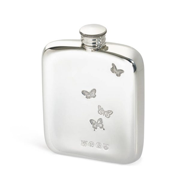 Ladies Personalised Butterfly Hip Flask with Engraving. Butterfly Personalised Hip Flask for Valentine's Day, Wedding, Bride, Bridal Party, Bridesmaid & Hen Party.