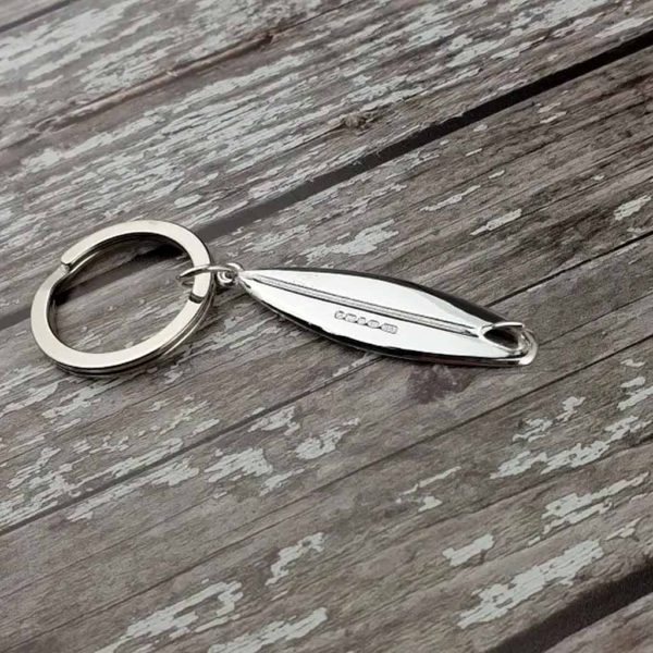 Surfboard Personalised Silver Keyring. Personalised Surfboard Keyring With Engraved Message. Handmade & Hallmarked Surfboard Gift For Surfers & Surfing + Gift Wrap