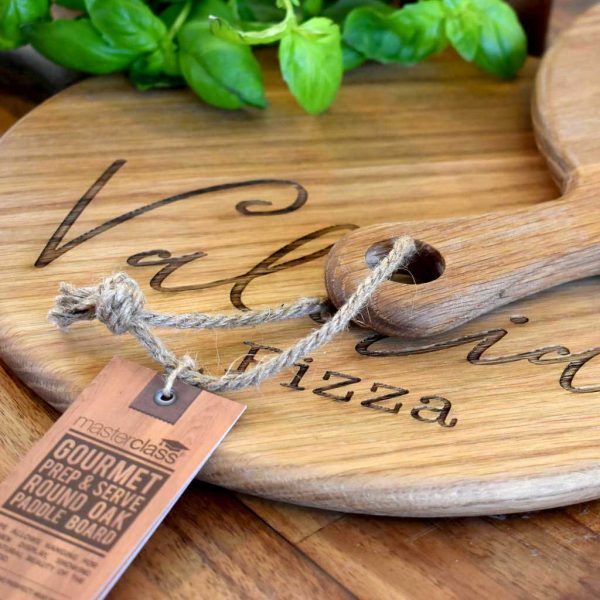 Personalised Pizza Board made in Oak engraved with Name. Laser engraved script font Name Personalised Pizza Board with handle & jute rope hanger.
