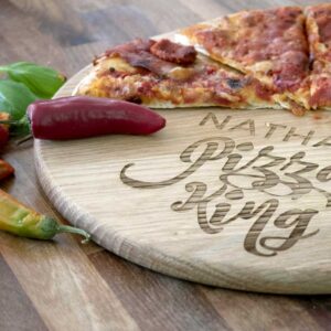 Personalised Pizza Board for Father with Name Laser Engraved above the words Pizza King. Pizza King Pizza Board with Handle & Jute Rope loop hanger.