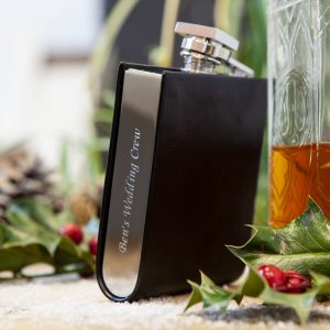 Personalised Polished Steel & Black Leather Hip Flask with FREE ENGRAVING. Stainless Steel & Leather Hip Flask in black gift box with discrete engraving Ireland