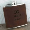 Soft Brown Leather Personalised Hip Flask With Infinity Symbol. Leather Hip Flask in black presentation box, ideal Wedding or Anniversary Infinity Gift Ireland