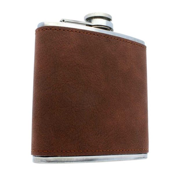 Soft Brown Leather Personalised Hip Flask With Infinity Symbol. Leather Hip Flask in black presentation box, ideal Wedding or Anniversary Infinity Gift Ireland