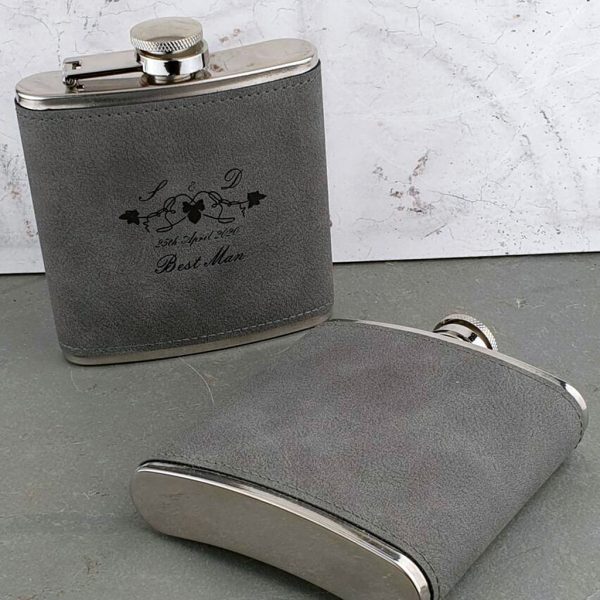 Soft Grey Leather Personalised Hip Flask With Leaf Design & FREE ENGRAVING. Leather Hip Flask in black presentation box for Horse Racing, Birthday & Wedding.