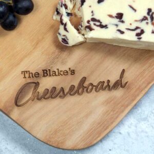 Personalised Cheeseboard Laser Engraved Acacia Wood. Laser engraved Name Personalised Cheeseboard with Rope Tie Handle and optional gift wrapping.