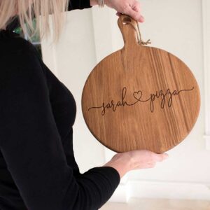 Personalised "Love" Pizza Serving Board Paddle in Oak. 2 Names and Heart, Laser engraved script font Valentine/ Love Pizza Board with handle & jute rope.