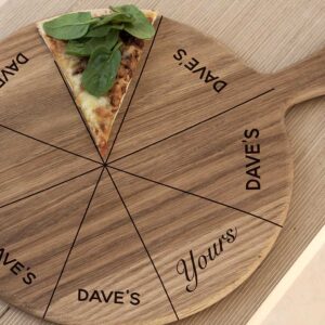 Fun Personalised "His & Hers" Pizza Board with His Name Bagsing 7 Pizza Slices with one left for Yours. 12 inch Oak Pizza Board with Handle & Jute Rope hanger.