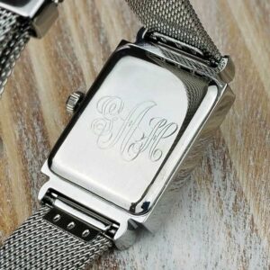 Personalised Silver Ladies Watch with Free Personalisation or Monogram Engraving. Art Deco Style Watch with polished hands, hour batons & brushed silver dial.