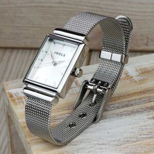 Personalised Silver Ladies Watch with Free Personalisation or Monogram Engraving. Art Deco Style Watch with polished hands, hour batons & brushed silver dial.