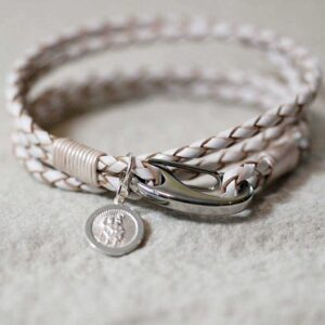 Personalised Silver St Christopher White Leather Wristband