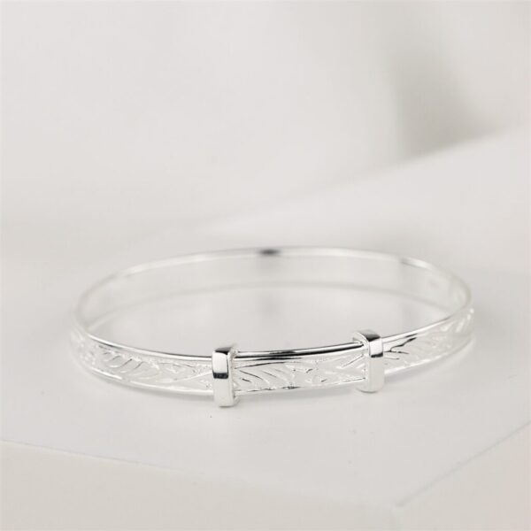 Silver Christening Baby Bangle with Floral Design in Personalised Gift Box