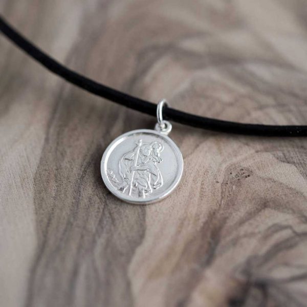 Personalised St Christopher Silver Pendant Leather Necklace