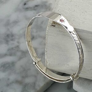 Personalised Childs Christening Bangle In Sterling Silver with Pink Gemstone & Engraving Plate