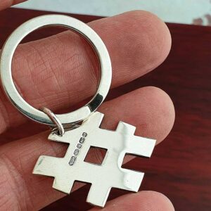 Hashtag Keyring In Personalised Sterling Silver. Hallmarked & Engraved Silver Hashtag Keyring Handmade To Order by our Silversmithing team. Gift Wrap Available.