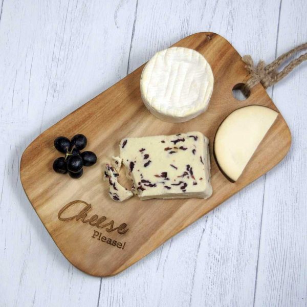 Cheeseboard with Cheese Please Laser Engraved on Sustainable Acacia Wood. Cheeseboard with Rope Tie Handle and optional gift wrapping.