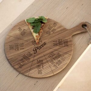 Personalised Kids Pizza Board with 8 Fun Actions. 12 inch Oak Kids Pizza Board Game with Handle & Jute Rope hanger. Eating Pizza Just Got Better!