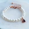 New Baby Girl Christening Pearl Bracelet With Heart Pendant in Personalised Gift Box. Handmade Freshwater Pearl Christening Baby Bracelet in Rose Gold.