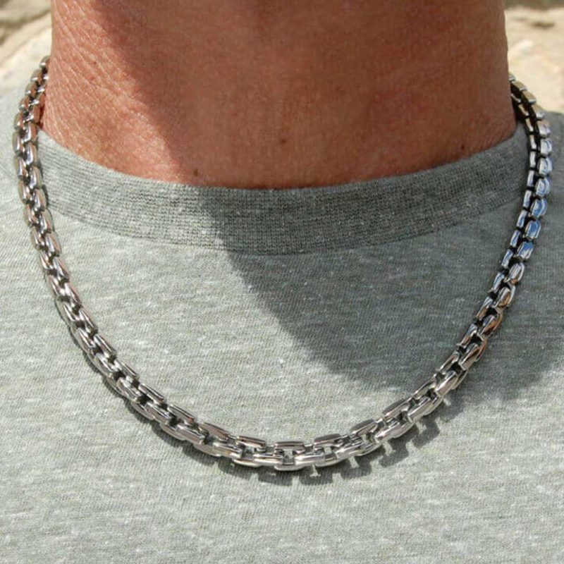 Mens Titanium Chain Necklace With Polished Square Titanium Links. Handmade to order Mens Titanium Chain Necklace by master jewellers + optional gift wrapping