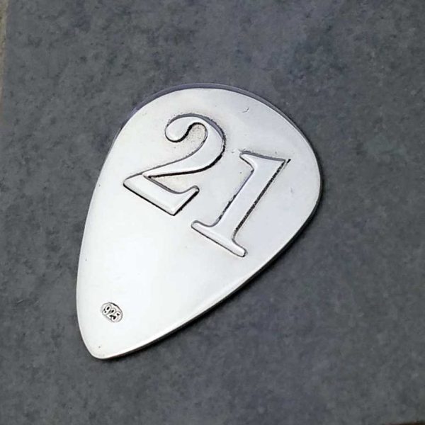 21th Birthday Guitar Pick in Sterling Silver Personalised With Engraved Message. Handmade & Hallmarked Birthday Gift For Guitar Players 21th Birthday