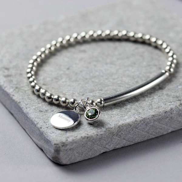 Handmade Silver Personalised Birthstone Bracelet with Personalised Engraving on Pendant in a Personalised Gift Box. Choice of Swarovski Crystal Birthstone.