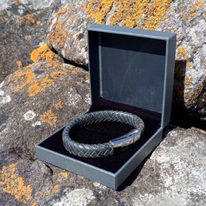 Mens Leather Personalised Wristband in Deep Blue with, Free Engraving, Choice Of Font and Personalised Gift Box.