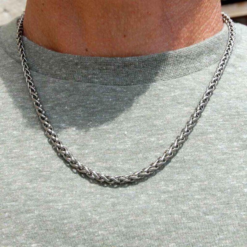 Men's Titanium Chain Square Twist Link Necklace - Satin Finish Wheat Style 4mm Twist Link Strong Chain Necklace. Mens Titanium Jewellery. Gift Wrap Option.