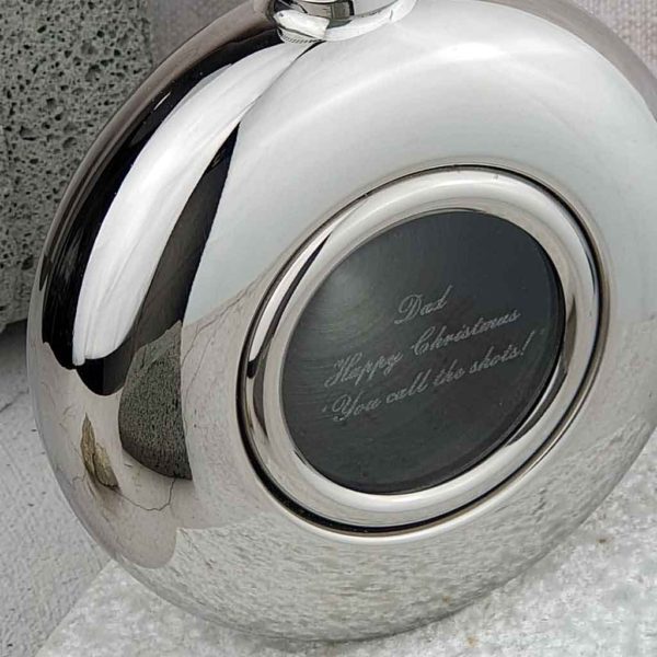 Engraved Glass Personalised Round Hip Flask & Presentation Box, Personalised with GLASS ENGRAVING. Pocket Sized Hip Flask All Events & Weddings.