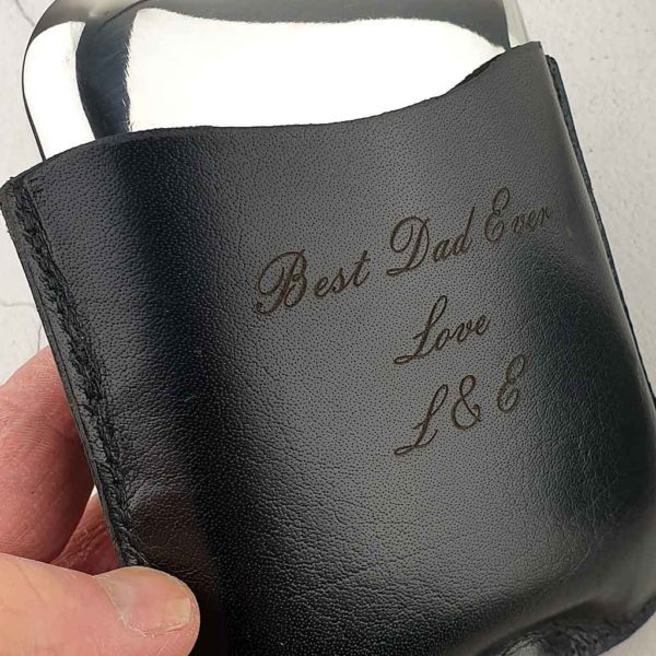 Engraved Hip Flask In Personalised Black Leather Pouch with FREE Hip Flask & Pouch Engraving. Leather Pouch Hip Flask features Capture Top & Lift-Off Lid Box