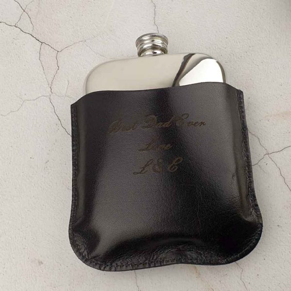 Engraved Hip Flask In Personalised Black Leather Pouch with FREE Hip Flask & Pouch Engraving. Leather Pouch Hip Flask features Capture Top & Lift-Off Lid Box