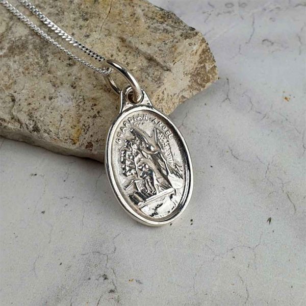 Saint Michael and Guardian Angel Silver Medal Pendant on 18inch silver chain. Faith jewellery featuring St Michael on the front and Guardian Angel on back.