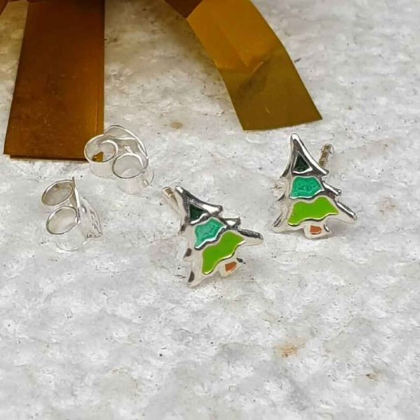 Christmas Tree Earrings In Sterling Silver with Optional Gift Wrapping Delivered Direct to your loved one. Colourful Sterling Silver Christmas Tree Earrings.