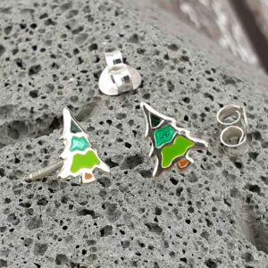 Christmas Tree Earrings In Sterling Silver with Optional Gift Wrapping Delivered Direct to your loved one. Colourful Sterling Silver Christmas Tree Earrings.