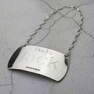 Hallmarked Silver Decanter Label. Handmade Sterling Silver Personalised Decanter Label with optional Engraved Text and Gift Wrapping, Delivered Direct.