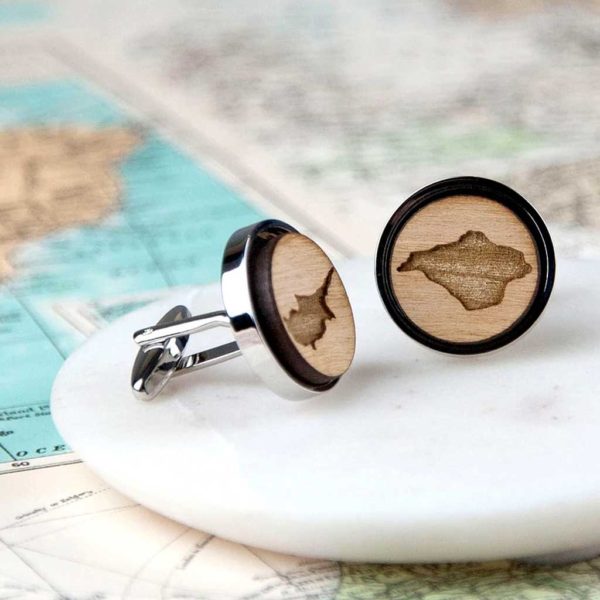 Personalised Map Cufflinks Handmade In Cherry Wood supplied in gift box with hand tied ribbons. Laser engraved County, Country or Island Map Cufflinks.