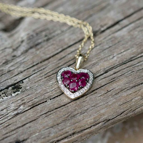 Ruby and Diamond Gold Heart Necklace in personalised gift box. Stunning Rubies & Diamonds set in 9K Yellow Gold Pendant on 9K Yellow Gold Chain.