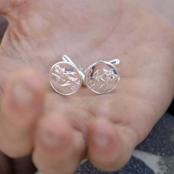 Saint Christopher Cufflinks Handmade In Sterling Silver supplied in gift box with hand tied ribbons. St Christopher Patron Saint of travellers Silver Cufflinks.